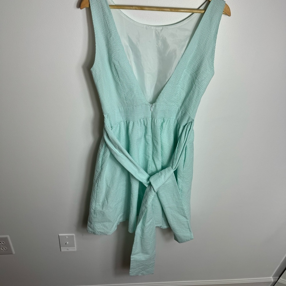 Lauren James Seersucker Dress Green & White Stripe Size Medium Preppy Spring - Picture 2 of 8